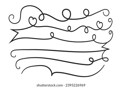 Hand drawn curly hearts scroll Line Calligraphic writing outline ribbon, calligraphy lettering poster useful valentine day, blank space writing for text, ribbon romantic love empty outline banner 