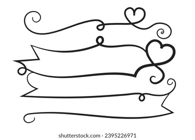 Hand drawn curly hearts scroll Line Calligraphic writing outline ribbon, calligraphy lettering poster useful valentine day, blank space writing for text, ribbon romantic love empty outline banner 