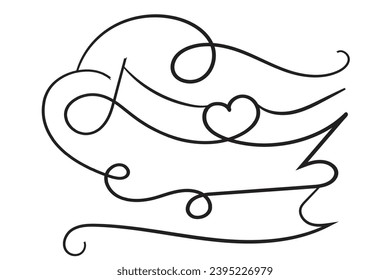 Hand drawn curly hearts scroll Line Calligraphic writing outline ribbon, calligraphy lettering poster useful valentine day, blank space writing for text, ribbon romantic love empty outline banner 