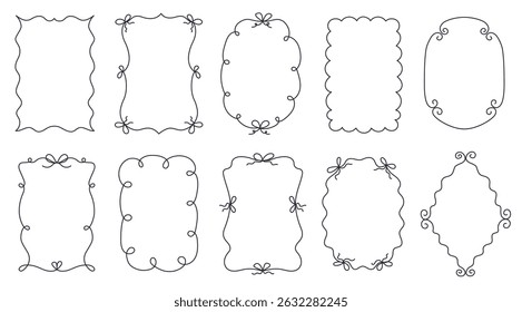 Hand drawn curly line frames. Doodle frame with bows, cute outline border shapes and decorative sketch frames with wavy, swirl and scalloped edges. Simple templates for girly label designs vector set.