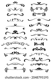 Hand drawn curly ornamental dividers. Calligraphy card poster wedding engagement menu header divider ornamental decorative elements. Isolated graphic vector object set.