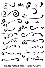 Hand drawn curly ornamental elements. Calligraphy card poster wedding engagement menu header divider decorative ornaments. Isolated graphic vector object set.