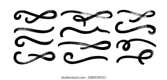 Hand drawn curly swishes and bold swashes. Brush drawn thick curved smears. Vector calligraphy grunge swirls. Underlined text tails. Black paint wavy lines, curved strokes. Grunge typography elements.