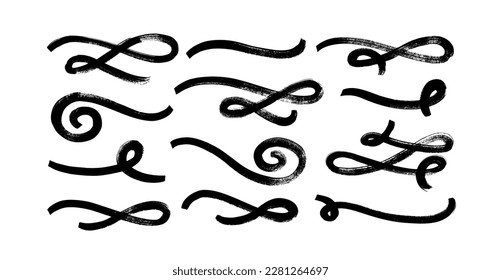 Hand drawn curly swishes and bold swashes. Brush drawn thick curved smears. Vector calligraphy grunge swirls. Underlined text tails. Black paint wavy lines, curved strokes. Grunge typography elements.