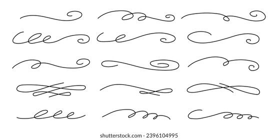 Hand drawn curly thin swishes set. Vector highlight text elements.