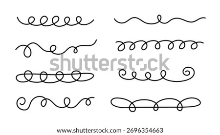 Hand drawn curly wavy marker underlines strokes set. Tendril swirl doodle style various strips art lines emphasis accentuation volute collection. Isolated. Vector illustration
