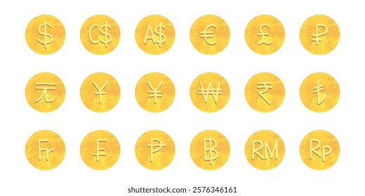 Hand drawn currency symbol set Dollar euro pound ruble yuan yen won rupee lira franc peseta baht ringgit rupiah