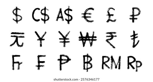 Hand drawn currency symbol set Dollar euro pound ruble yuan yen won rupee lira franc peseta baht ringgit rupiah