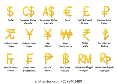 Hand drawn currency symbol set Dollar euro pound ruble yuan yen won rupee lira franc peseta baht ringgit rupiah