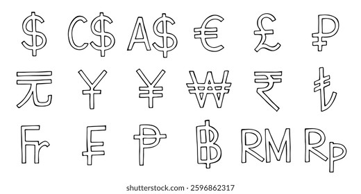 Hand drawn currency symbol set Dollar euro pound ruble yuan yen won rupee lira franc peseta baht ringgit rupiah