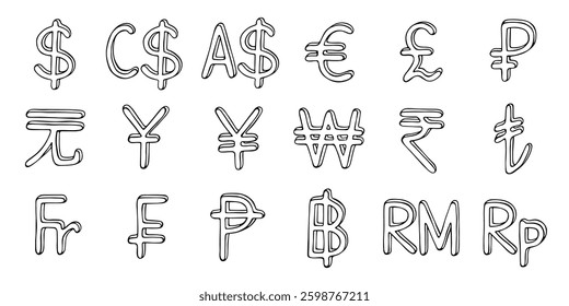 Hand drawn currency symbol set Dollar euro pound ruble yuan yen won rupee lira franc peseta baht ringgit rupiah