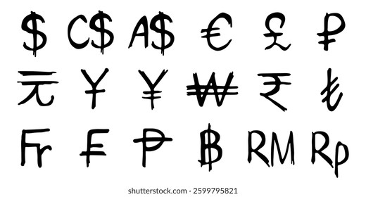 Hand drawn currency symbol set Dollar euro pound ruble yuan yen won rupee lira franc peseta baht ringgit rupiah