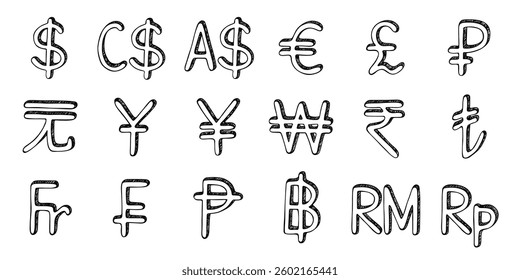 Hand drawn currency symbol set Dollar euro pound ruble yuan yen won rupee lira franc peseta baht ringgit rupiah