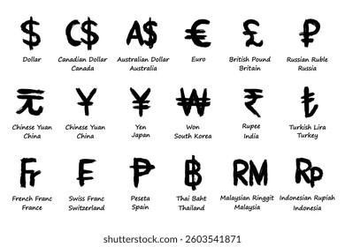 Hand drawn currency symbol set Dollar euro pound ruble yuan yen won rupee lira franc peseta baht ringgit rupiah