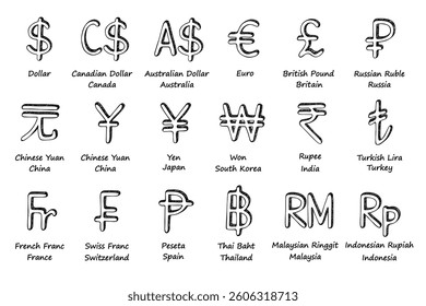 Hand drawn currency symbol set Dollar euro pound ruble yuan yen won rupee lira franc peseta baht ringgit rupiah