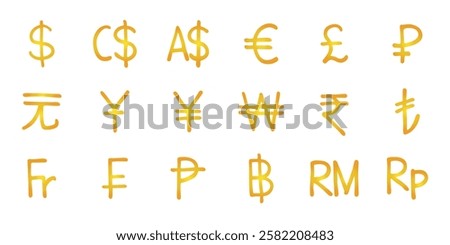 Hand drawn currency symbol set Dollar euro pound ruble yuan yen won rupee lira franc peseta baht ringgit rupiah