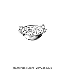 Hand drawn curry vintage illustration. Engraving style black and white on white backgrounds. Vector