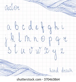 Hand drawn cursive alphabet. Set of ABC letters doodle script. Zen art border and handmade scribble calligraphy. Deep blue ink pen imitation. Vector is EPS8.