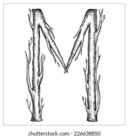 Hand drawn cursive font in the form of tree branches. Vector format isolated on white background. 