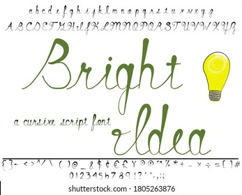 Hand drawn cursive, script font vector. Bright Idea typeface has beautiful letters that taper at the bottom. Characters link together perfectly like handwriting.