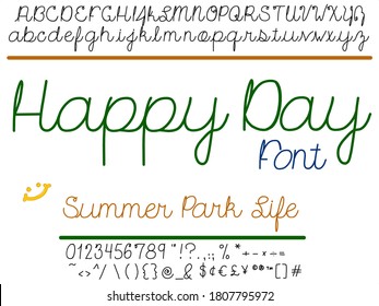 Hand drawn cursive script font vector. Happy typeface has wide, cute letters that link beautifully.