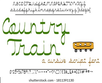 Hand drawn cursive script font typeface vector. Country Train has a rural journey theme. Letters fit together like natural handwriting.