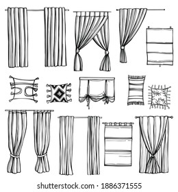 Hand Drawn Curtains For Windows. Vector Sketch  Illustration.