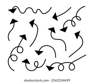 Hand drawn curve arrow set. Black doodle icons isolated on white background. Vector design elements