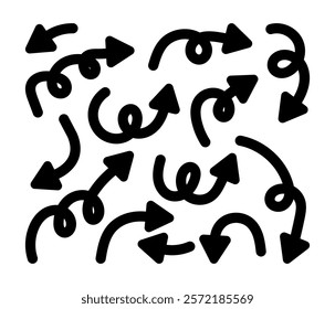 Hand drawn curve arrow set. Black doodle icons isolated on white background. Vector design elements
