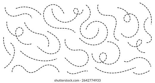 Handgezeichnete Kurve gepunktete Linie, Spirale gepunktete Linie . Gestrichelter, handgezeichneter Liniensymbolsatz. 10 EPS