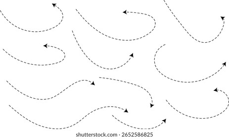 Seta de linha pontilhada de curva desenhada à mão definida. Desenho curvo pontilhado setas design. curvo mão desenhado setas. Projeto de faixas de seta em ziguezague com linhas pontilhadas
