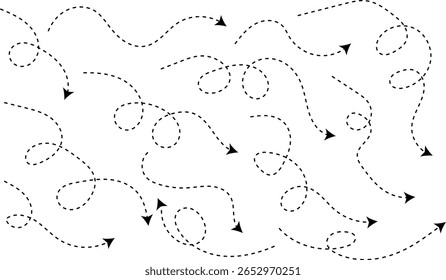 Seta de linha pontilhada de curva desenhada à mão definida. Desenho curvo pontilhado setas design. curvo mão desenhado setas. Projeto de faixas de seta em ziguezague com linhas pontilhadas