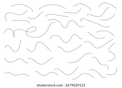 Línea punteada curva dibujada a mano, Línea punteada espiral dibujada a mano, Trayectoria de líneas punteadas sobre fondo blanco