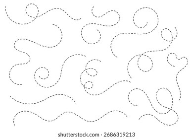 Conjunto de vetores de linha pontilhada de curva desenhada à mão. Mão desenhado linhas pontilhadas caminho no fundo branco. Ilustração vetorial. EPS 10
