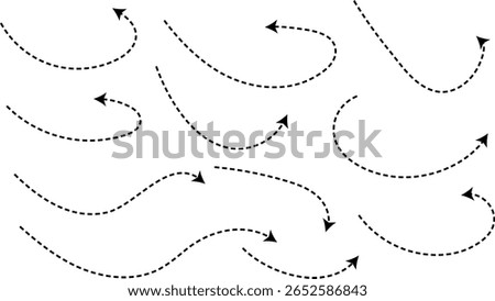 Hand drawn curve dotted line arrow set. Sketch curved dashed arrows design. curved hand drawn arrows. Zigzag arrow stripes design with dotted lines
