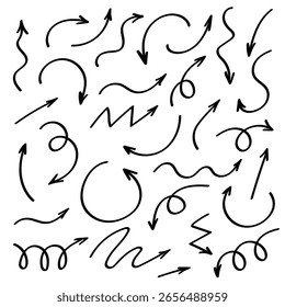 Handgezeichnete gekrümmte Pfeilsatz Doodle Arrows für Präsentationen, Infografiken, Webdesign und Notizen