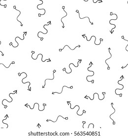 Hand drawn curved arrows randomly placed on white background. Seamless pattern. Right, left, up and down abstract pointers with arrowheads wrapping texture. Vector eps8 illustration.