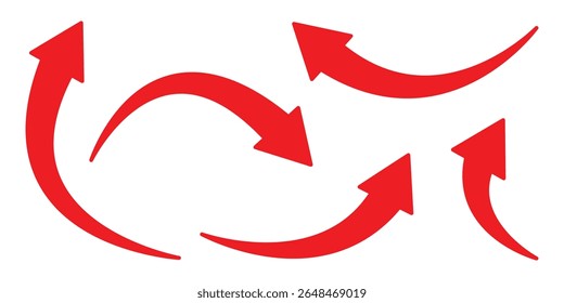Hand drawn curved arrows. Curved arrows. Red curve arrow. Arrow icon for web site design, logo, app, UI. Vector illustration.