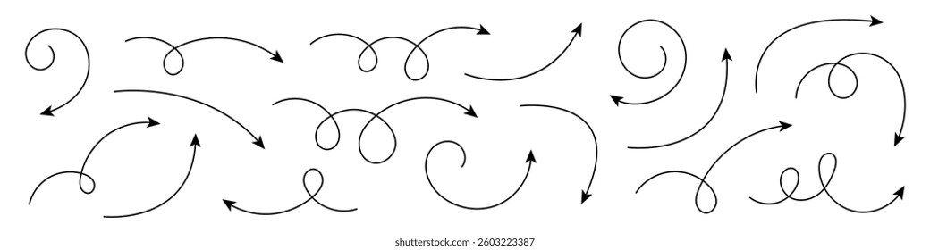 Hand drawn curved arrows. Set of hand drawn arrows.