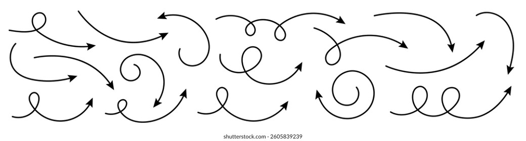 Hand drawn curved arrows. Set of hand drawn arrows.