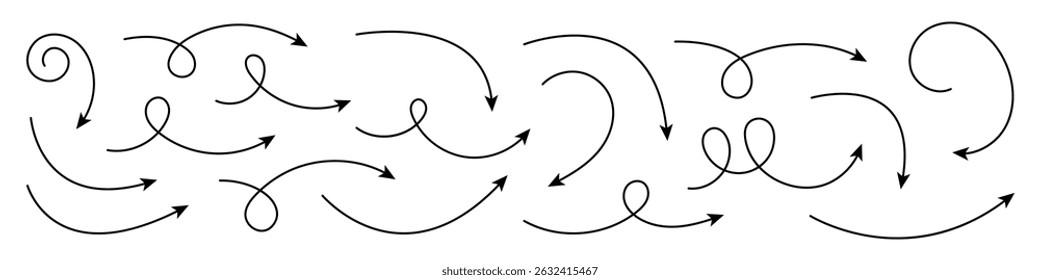 Hand drawn curved arrows. Set of hand drawn arrows.