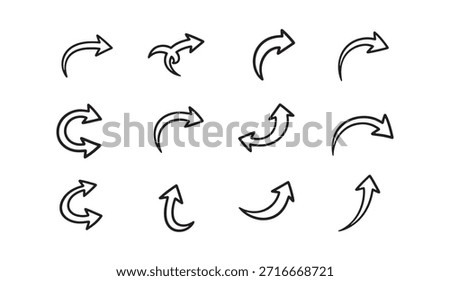 Hand drawn curved arrows set black line art direction pointers turn back go back refresh restart
