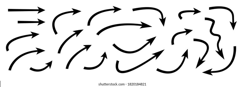 Hand drawn curved arrows . Sketch doodle style. Collection of vector pointers.