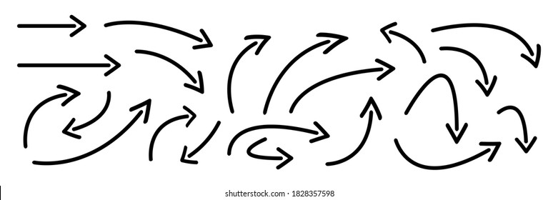 Hand drawn curved arrows . Sketch doodle style. Collection of vector pointers.