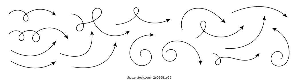Hand drawn curved arrows with thin line. Set of hand drawn arrows.