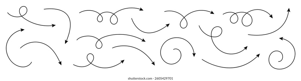 Hand drawn curved arrows with thin line. Set of hand drawn arrows.