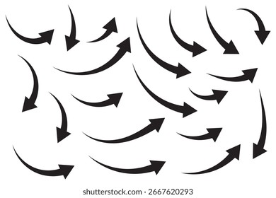 Setas curvas desenhadas à mão com linha fina. Conjunto de setas desenhadas à mão.