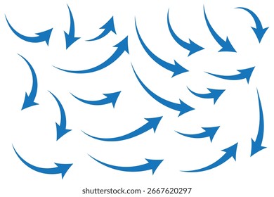 Hand drawn curved arrows with thin line. Set of hand drawn arrows.