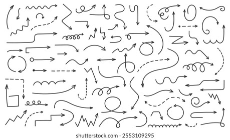 Hand drawn curved and dashed arrows collection, doodle elements, vector eps10 illustration