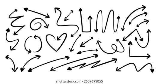 Hand Drawn Curved and Decorative Arrow. A collection of 26 playful hand drawn arrows including curly swirls loops hearts zigzags and directional markers perfect for creative and casual layouts